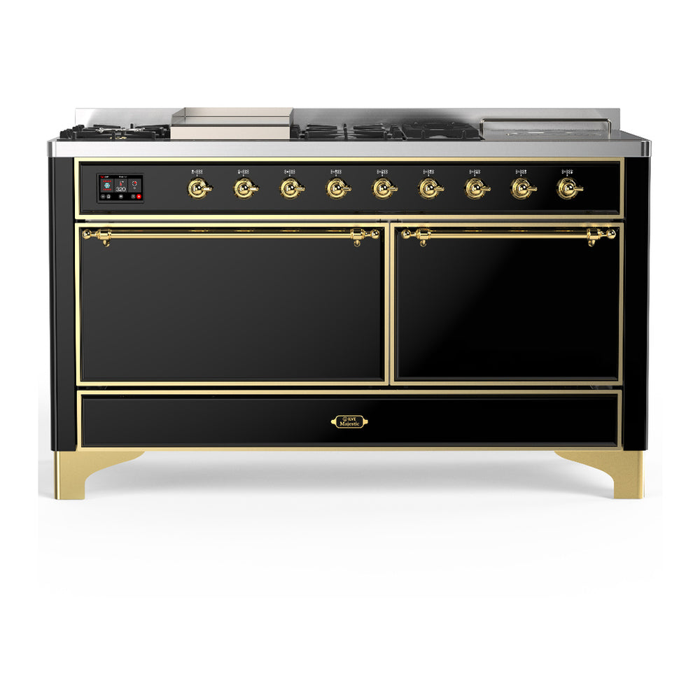ILVE Majestic III 60" Glossy Black Dual Fuel Range with 7 Burners, Griddle and French Top Solid Door Natural Gas