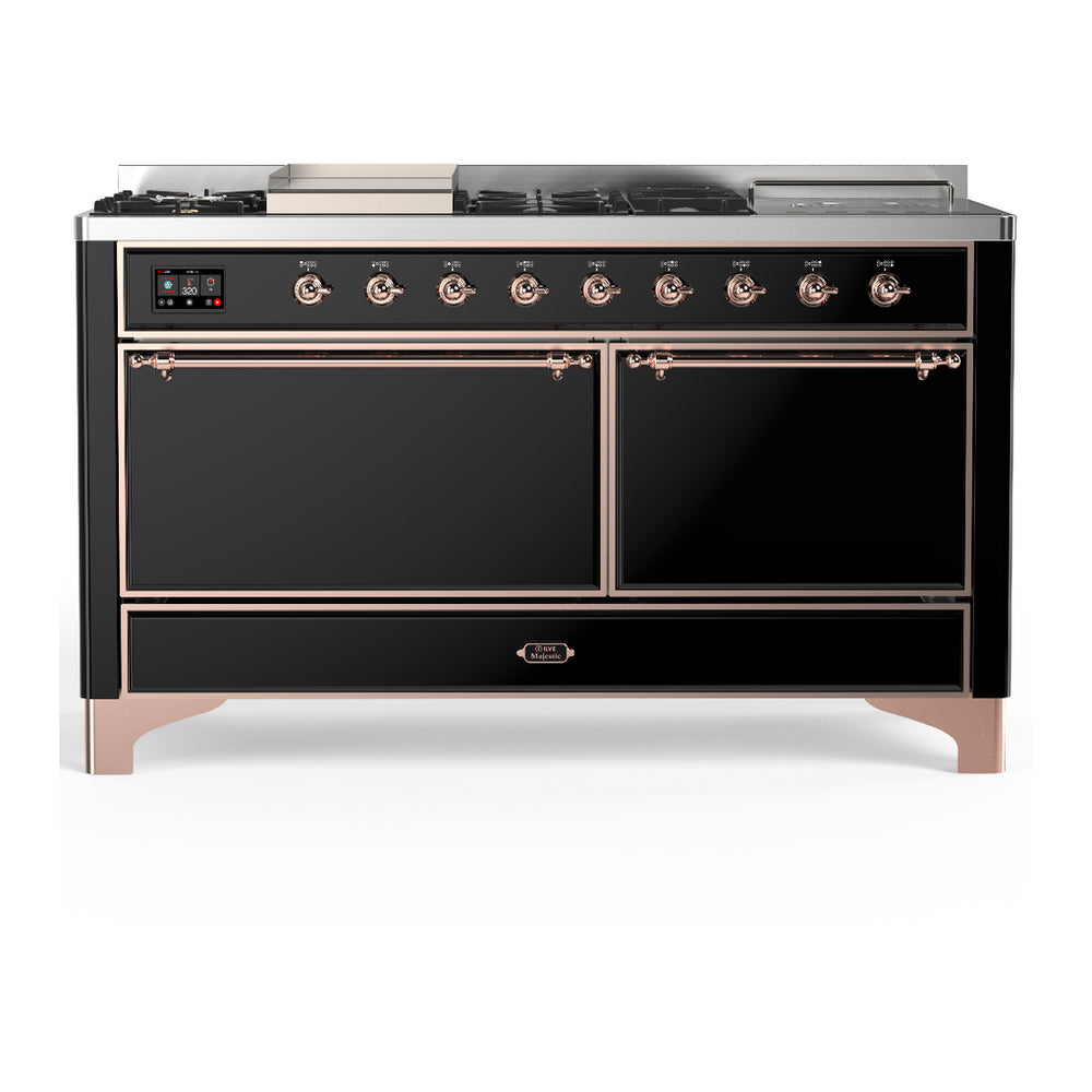ILVE Majestic III 60" Glossy Black Dual Fuel Range with 7 Burners, Griddle and French Top Solid Door Liquid Propane