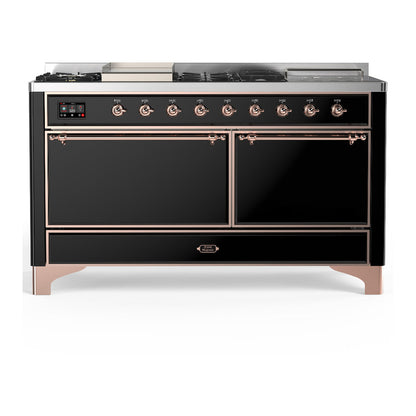 ILVE Majestic III 60" Glossy Black Dual Fuel Range with 7 Burners, Griddle and French Top Solid Door Liquid Propane