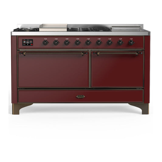 ILVE Majestic III 60" Burgundy Dual Fuel Range with 7 Burners, Griddle and French Top Solid Door Liquid Propane
