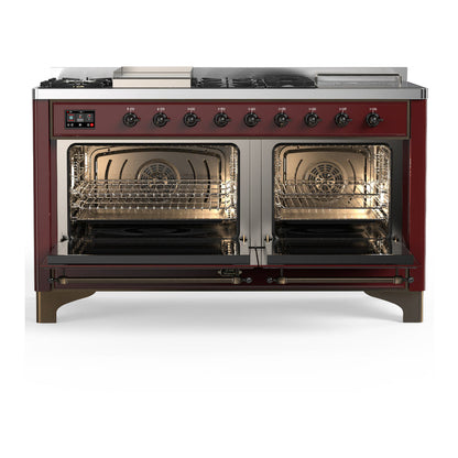 ILVE Majestic III 60" Burgundy Dual Fuel Range with 7 Burners, Griddle and French Top Solid Door Liquid Propane