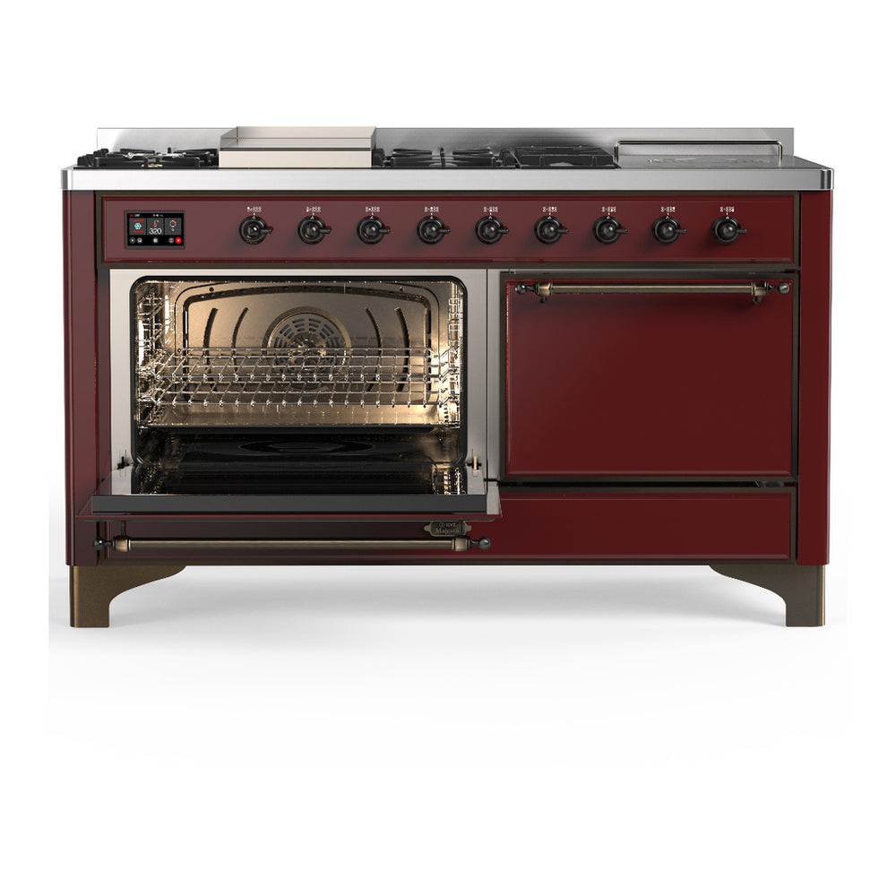 ILVE Majestic III 60" Burgundy Dual Fuel Range with 7 Burners, Griddle and French Top Solid Door Liquid Propane