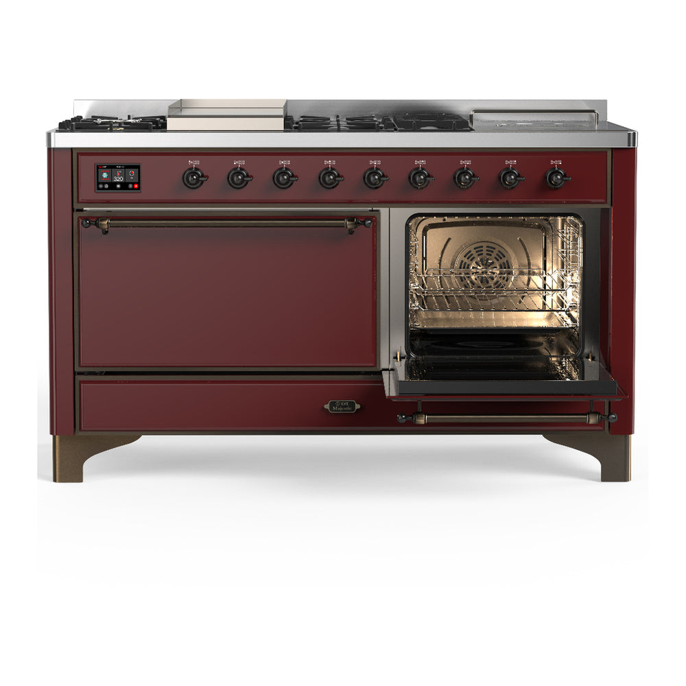 ILVE Majestic III 60" Burgundy Dual Fuel Range with 7 Burners, Griddle and French Top Solid Door Liquid Propane