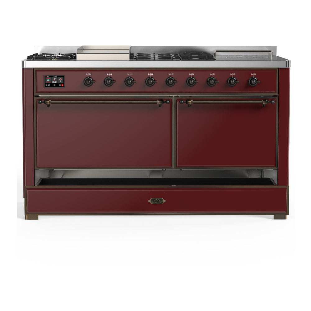 ILVE Majestic III 60" Burgundy Dual Fuel Range with 7 Burners, Griddle and French Top Solid Door Liquid Propane