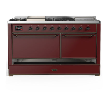 ILVE Majestic III 60" Burgundy Dual Fuel Range with 7 Burners, Griddle and French Top Solid Door Natural Gas