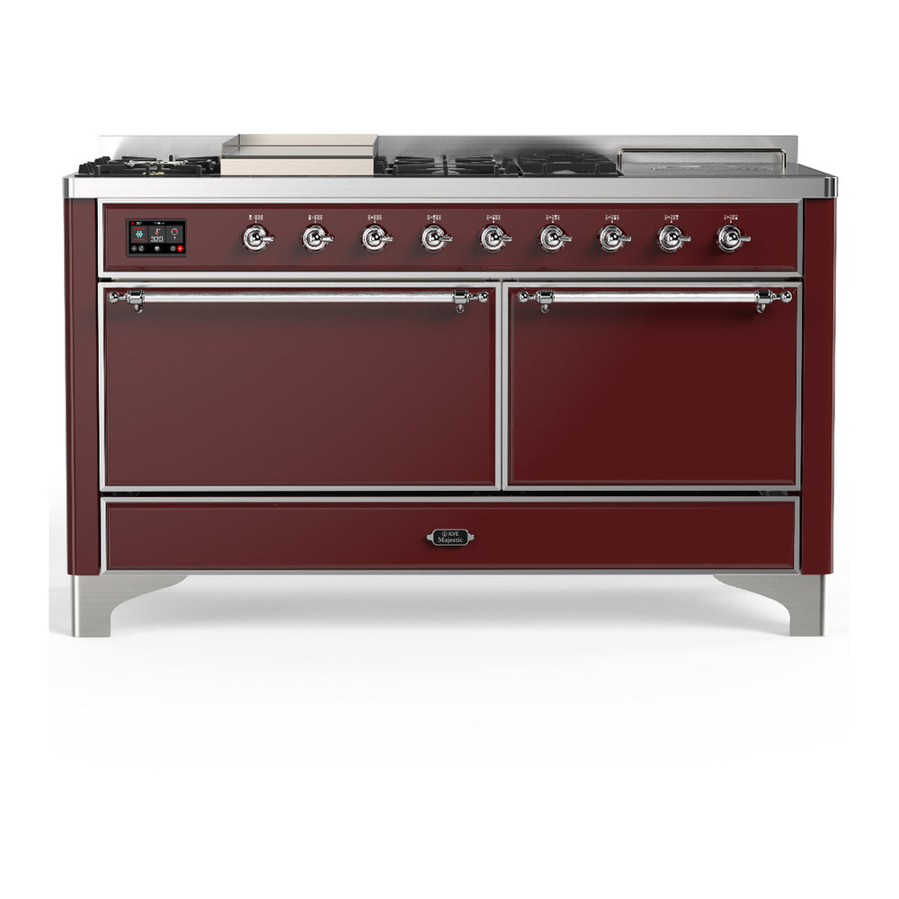 ILVE Majestic III 60" Burgundy Dual Fuel Range with 7 Burners, Griddle and French Top Solid Door Natural Gas