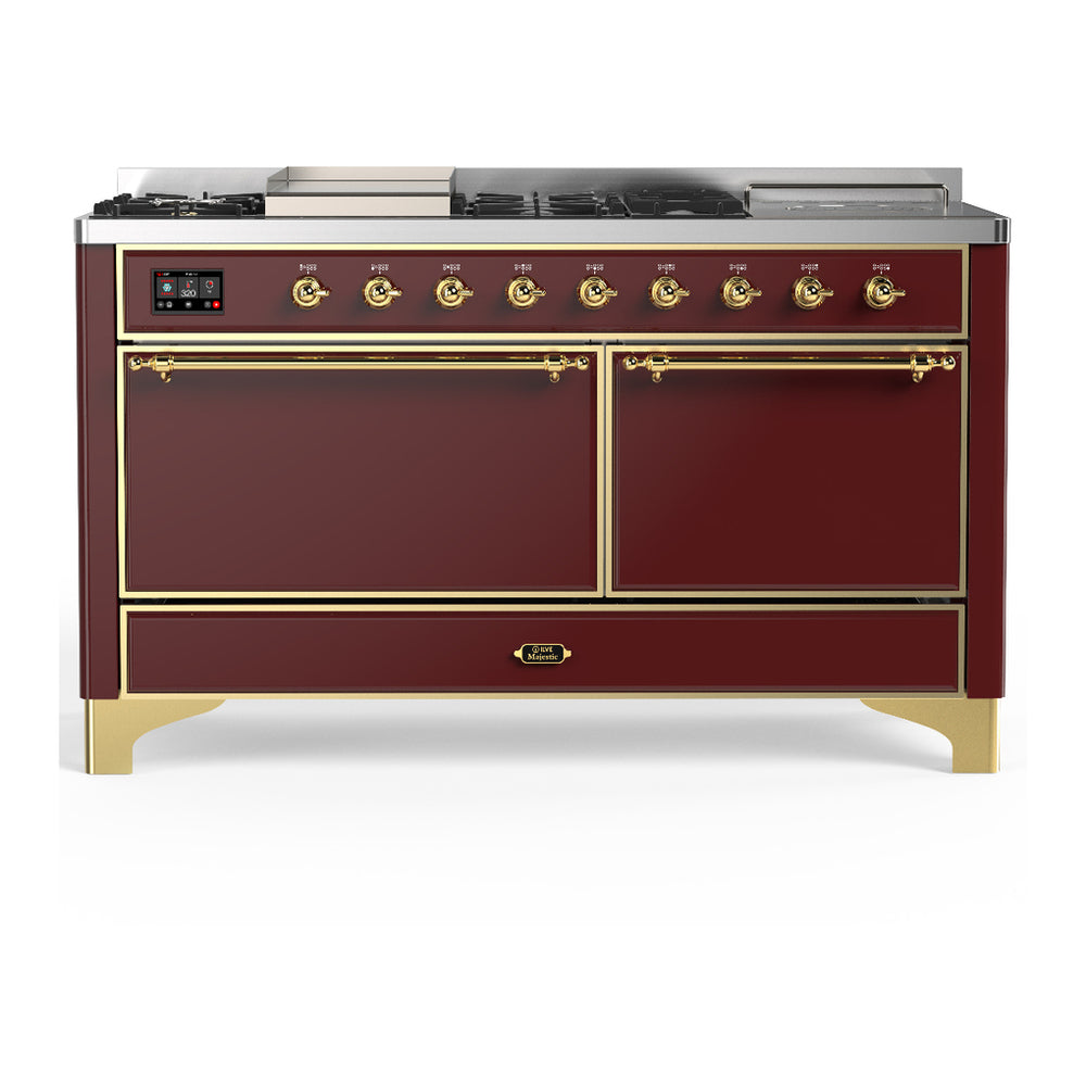 ILVE Majestic III 60" Burgundy Dual Fuel Range with 7 Burners, Griddle and French Top Solid Door Liquid Propane