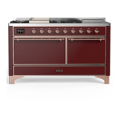 ILVE Majestic III 60" Burgundy Dual Fuel Range with 7 Burners, Griddle and French Top Solid Door Liquid Propane