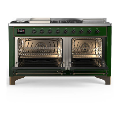 ILVE Majestic III 60" Emerald Green Dual Fuel Range with 7 Burners, Griddle and French Top Solid Door Liquid Propane