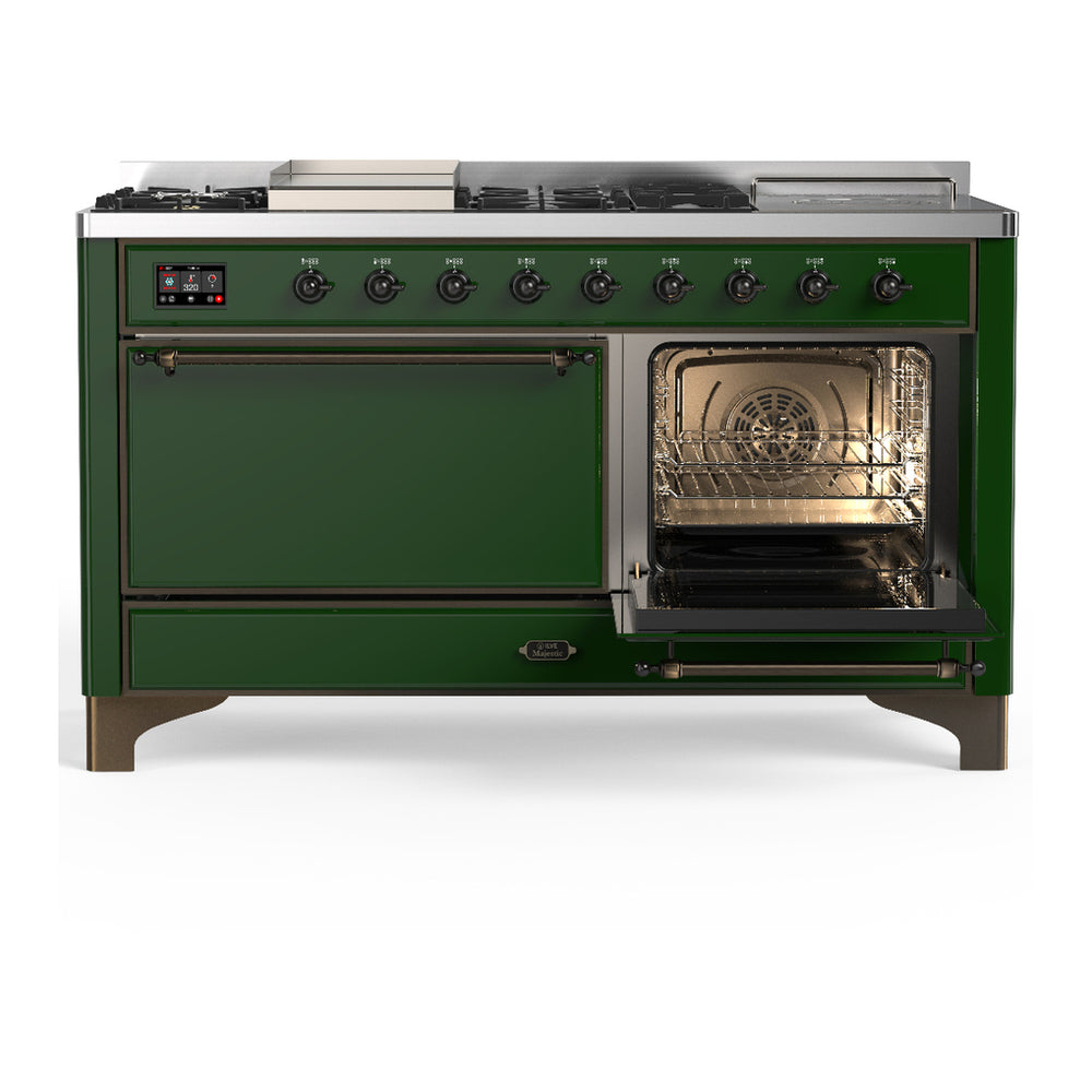 ILVE Majestic III 60" Emerald Green Dual Fuel Range with 7 Burners, Griddle and French Top Solid Door Liquid Propane