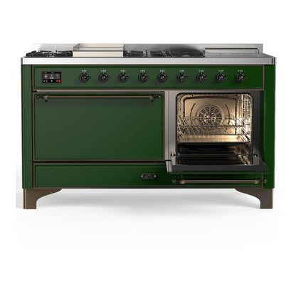 ILVE Majestic III 60" Emerald Green Dual Fuel Range with 7 Burners, Griddle and French Top Solid Door Liquid Propane