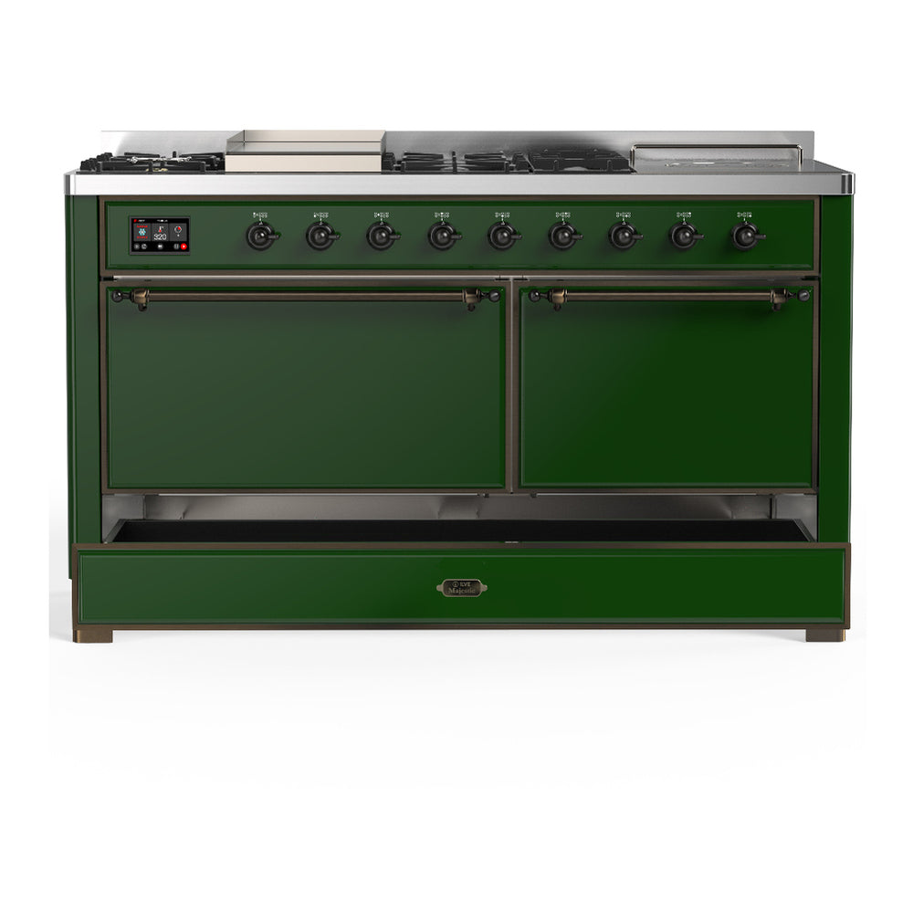 ILVE Majestic III 60" Emerald Green Dual Fuel Range with 7 Burners, Griddle and French Top Solid Door Liquid Propane