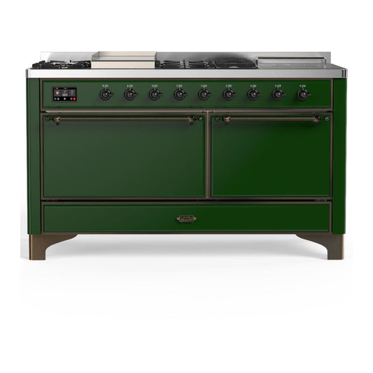 ILVE Majestic III 60" Emerald Green Dual Fuel Range with 7 Burners, Griddle and French Top Solid Door Natural Gas