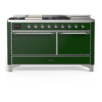 ILVE Majestic III 60" Emerald Green Dual Fuel Range with 7 Burners, Griddle and French Top Solid Door Natural Gas