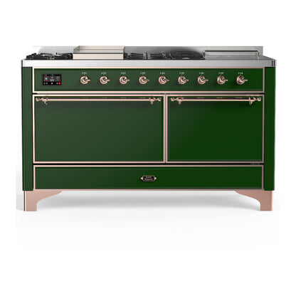 ILVE Majestic III 60" Emerald Green Dual Fuel Range with 7 Burners, Griddle and French Top Solid Door Natural Gas