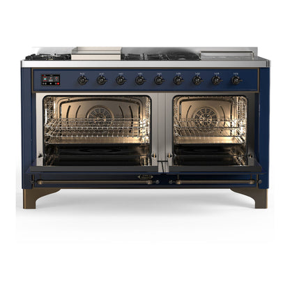 ILVE Majestic III 60" Midnight Blue Dual Fuel Range with 7 Burners, Griddle and French Top Solid Door Liquid Propane