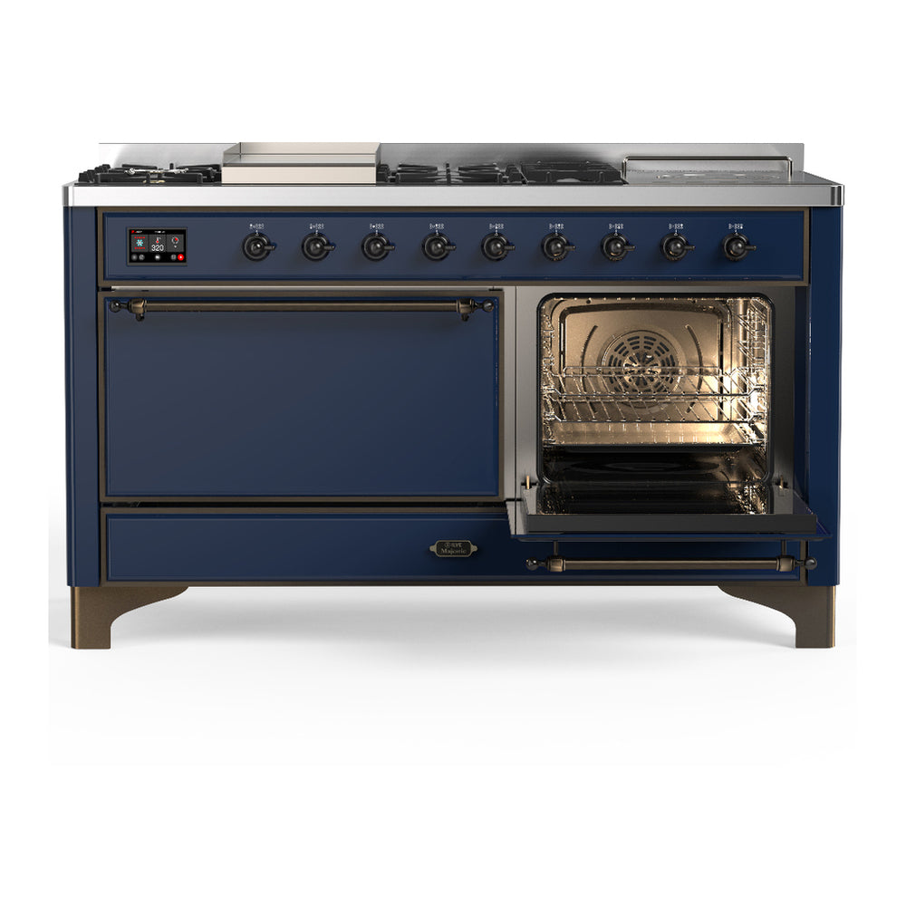 ILVE Majestic III 60" Midnight Blue Dual Fuel Range with 7 Burners, Griddle and French Top Solid Door Natural Gas