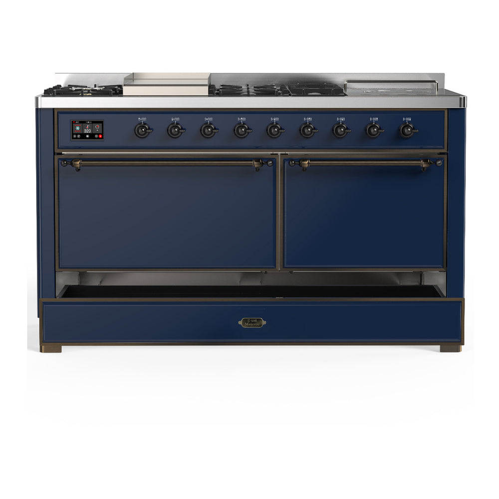 ILVE Majestic III 60" Midnight Blue Dual Fuel Range with 7 Burners, Griddle and French Top Solid Door Liquid Propane