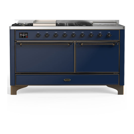 ILVE Majestic III 60" Midnight Blue Dual Fuel Range with 7 Burners, Griddle and French Top Solid Door Natural Gas