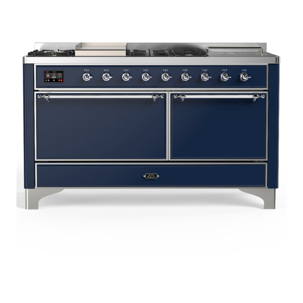 ILVE Majestic III 60" Midnight Blue Dual Fuel Range with 7 Burners, Griddle and French Top Solid Door Liquid Propane