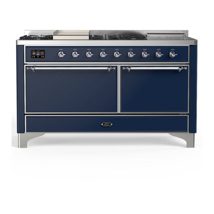 ILVE Majestic III 60" Midnight Blue Dual Fuel Range with 7 Burners, Griddle and French Top Solid Door Natural Gas