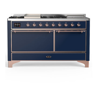 ILVE Majestic III 60" Midnight Blue Dual Fuel Range with 7 Burners, Griddle and French Top Solid Door Natural Gas