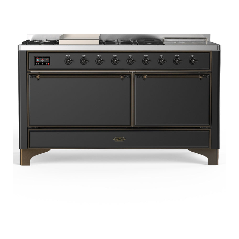 ILVE Majestic III 60" Graphite Matte Dual Fuel Range with 7 Burners, Griddle and French Top Solid Door Natural Gas