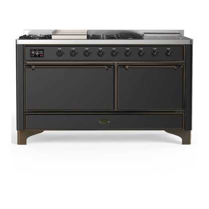 ILVE Majestic III 60" Graphite Matte Dual Fuel Range with 7 Burners, Griddle and French Top Solid Door Natural Gas