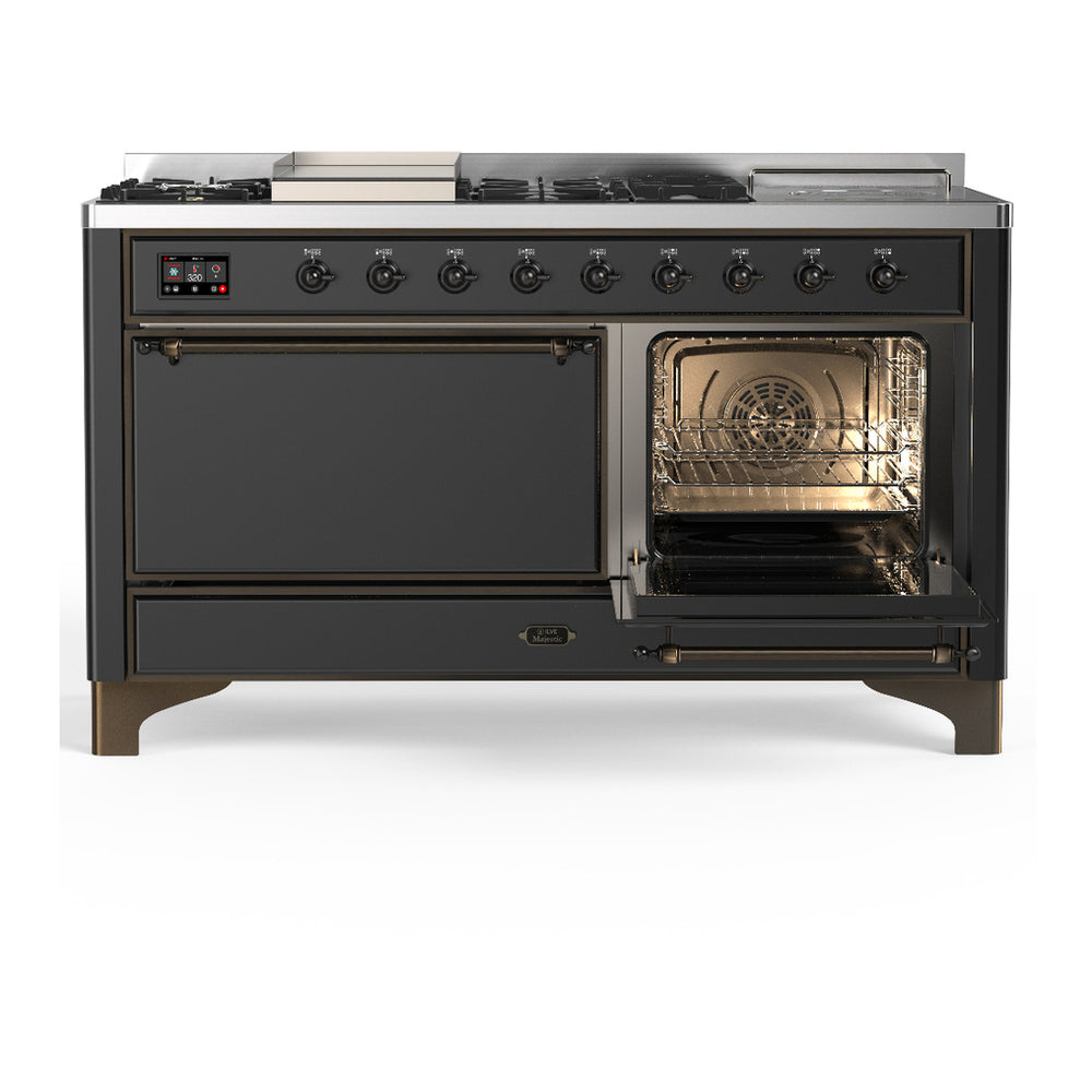 ILVE Majestic III 60" Graphite Matte Dual Fuel Range with 7 Burners, Griddle and French Top Solid Door Natural Gas