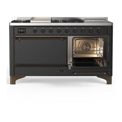 ILVE Majestic III 60" Graphite Matte Dual Fuel Range with 7 Burners, Griddle and French Top Solid Door Natural Gas