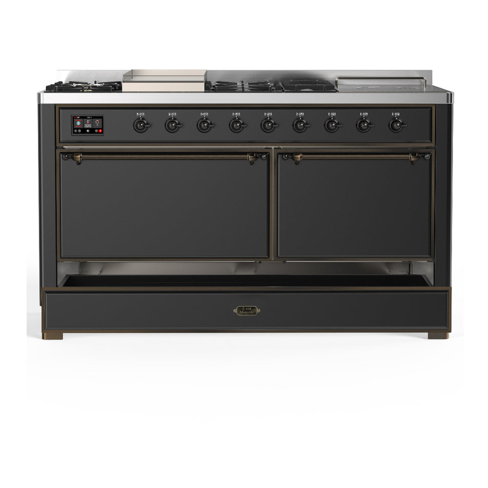 ILVE Majestic III 60" Graphite Matte Dual Fuel Range with 7 Burners, Griddle and French Top Solid Door Natural Gas