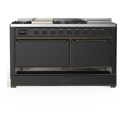 ILVE Majestic III 60" Graphite Matte Dual Fuel Range with 7 Burners, Griddle and French Top Solid Door Natural Gas