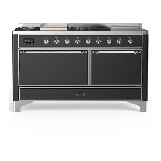 ILVE Majestic III 60" Graphite Matte Dual Fuel Range with 7 Burners, Griddle and French Top Solid Door Natural Gas