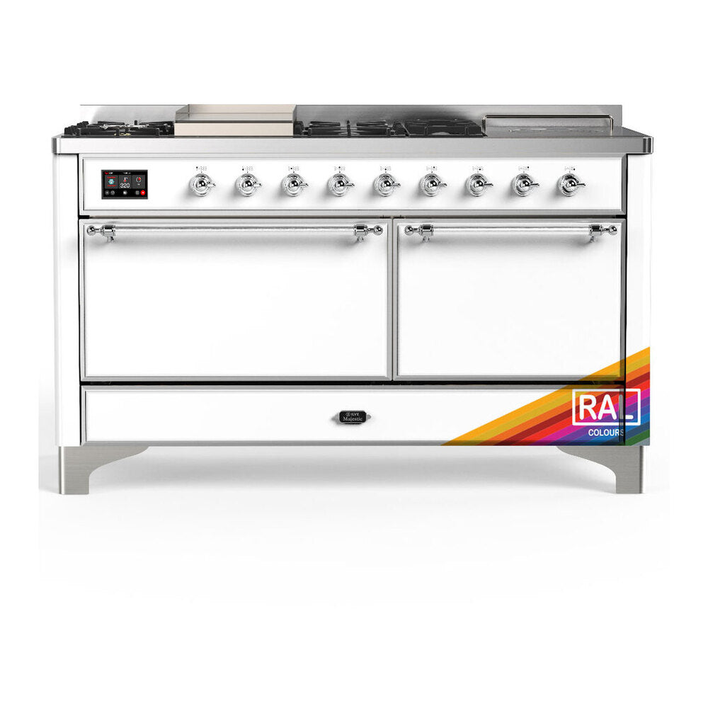 ILVE Majestic III 60" RAL Dual Fuel Range with 7 Burners, Griddle and French Top Solid Door Natural Gas