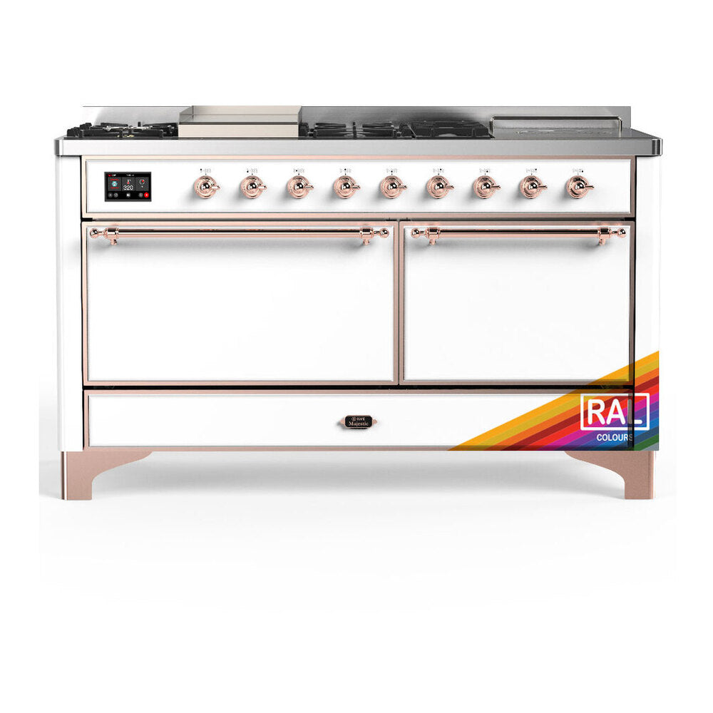 ILVE Majestic III 60" RAL Dual Fuel Range with 7 Burners, Griddle and French Top Solid Door Natural Gas