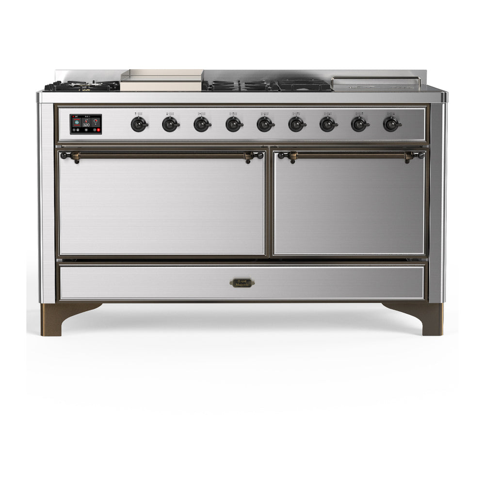 ILVE Majestic III 60" Stainless Steel Dual Fuel Range with 7 Burners, Griddle and French Top Solid Door Liquid Propane