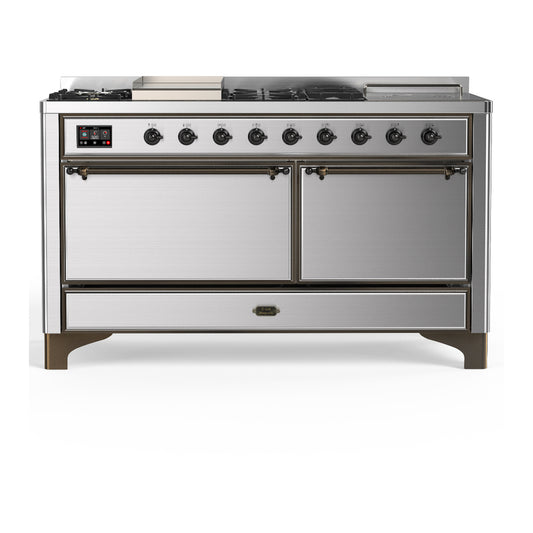 ILVE Majestic III 60" Stainless Steel Dual Fuel Range with 7 Burners, Griddle and French Top Solid Door Liquid Propane