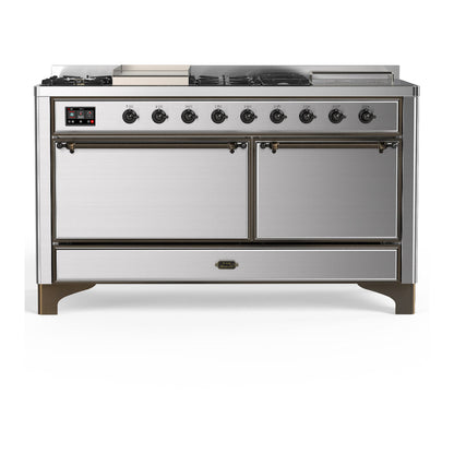 ILVE Majestic III 60" Stainless Steel Dual Fuel Range with 7 Burners, Griddle and French Top Solid Door Natural Gas