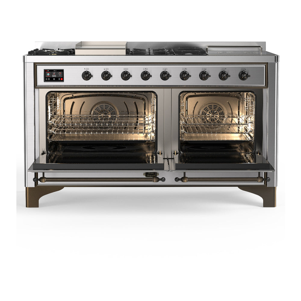 ILVE Majestic III 60" Stainless Steel Dual Fuel Range with 7 Burners, Griddle and French Top Solid Door Liquid Propane