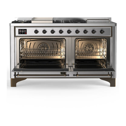ILVE Majestic III 60" Stainless Steel Dual Fuel Range with 7 Burners, Griddle and French Top Solid Door Natural Gas