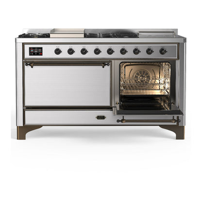 ILVE Majestic III 60" Stainless Steel Dual Fuel Range with 7 Burners, Griddle and French Top Solid Door Liquid Propane