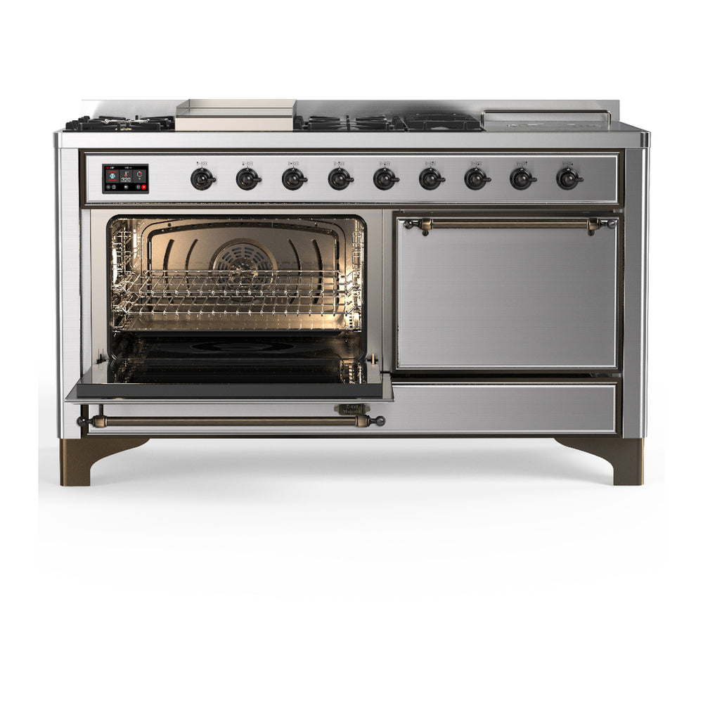 ILVE Majestic III 60" Stainless Steel Dual Fuel Range with 7 Burners, Griddle and French Top Solid Door Liquid Propane