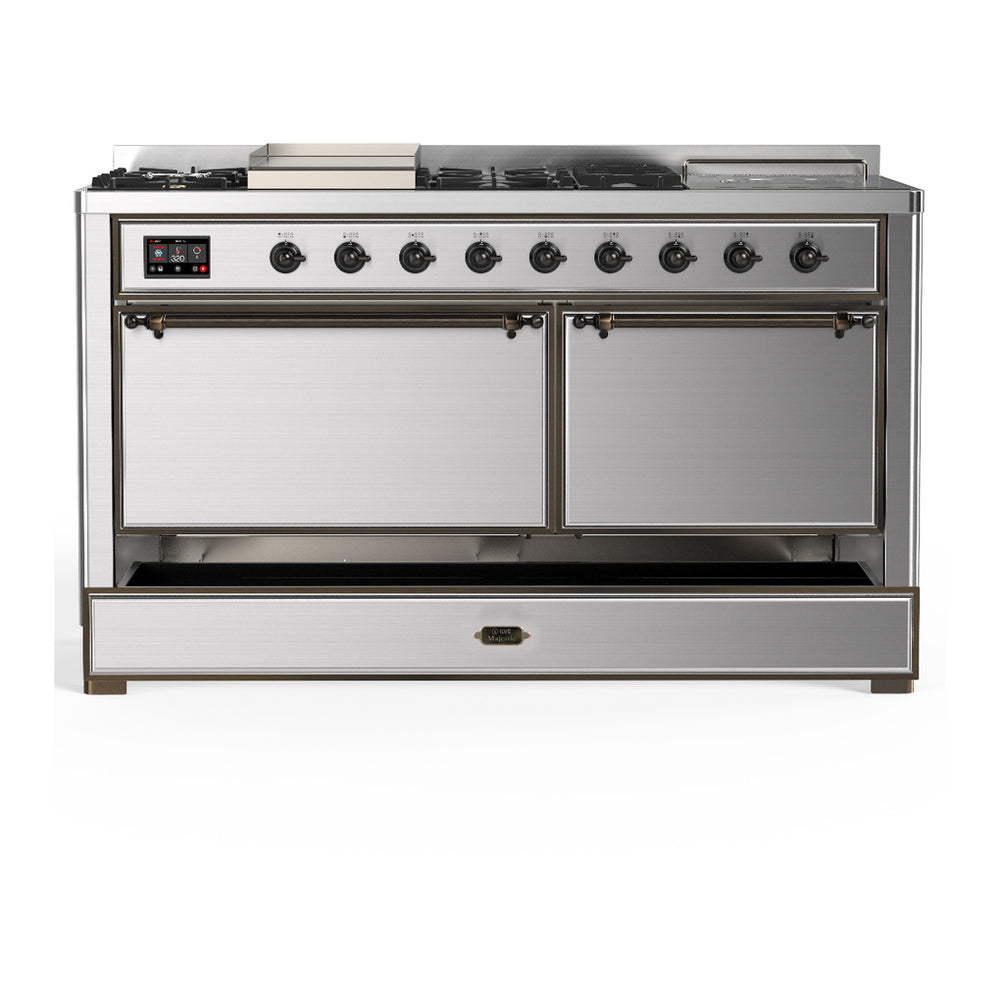 ILVE Majestic III 60" Stainless Steel Dual Fuel Range with 7 Burners, Griddle and French Top Solid Door Liquid Propane