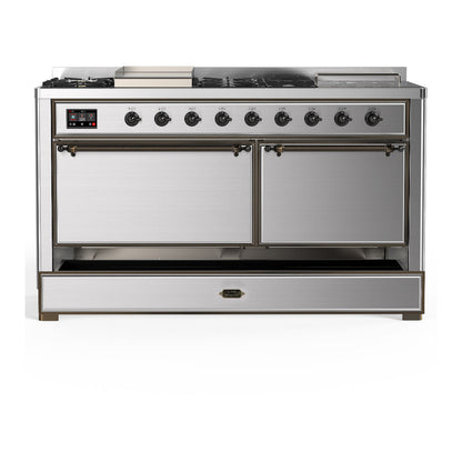 ILVE Majestic III 60" Stainless Steel Dual Fuel Range with 7 Burners, Griddle and French Top Solid Door Liquid Propane