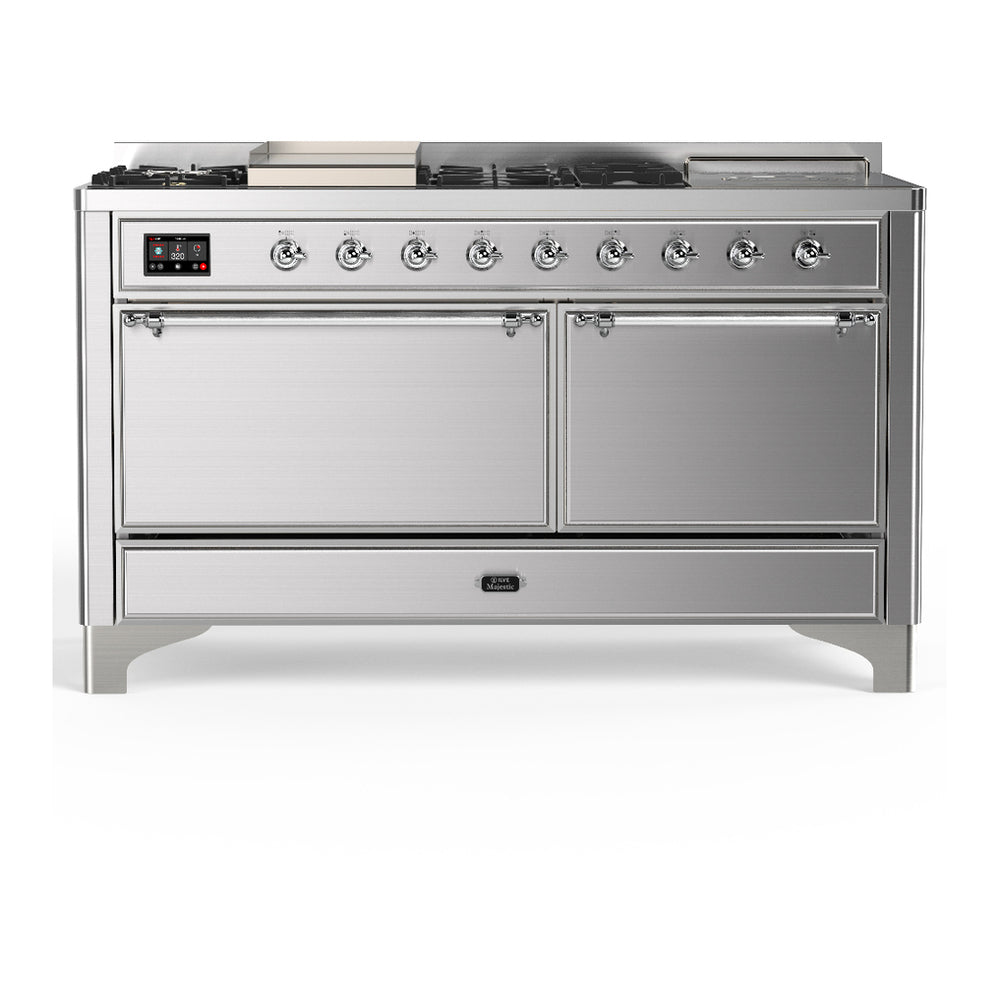ILVE Majestic III 60" Stainless Steel Dual Fuel Range with 7 Burners, Griddle and French Top Solid Door Liquid Propane