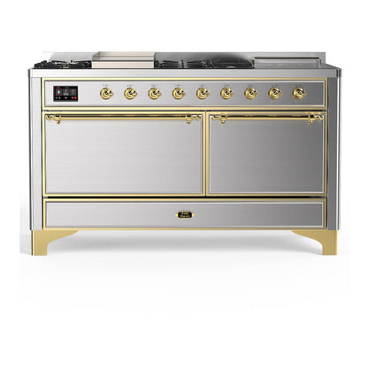 ILVE Majestic III 60" Stainless Steel Dual Fuel Range with 7 Burners, Griddle and French Top Solid Door Liquid Propane