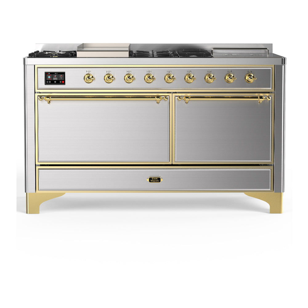 ILVE Majestic III 60" Stainless Steel Dual Fuel Range with 7 Burners, Griddle and French Top Solid Door Natural Gas