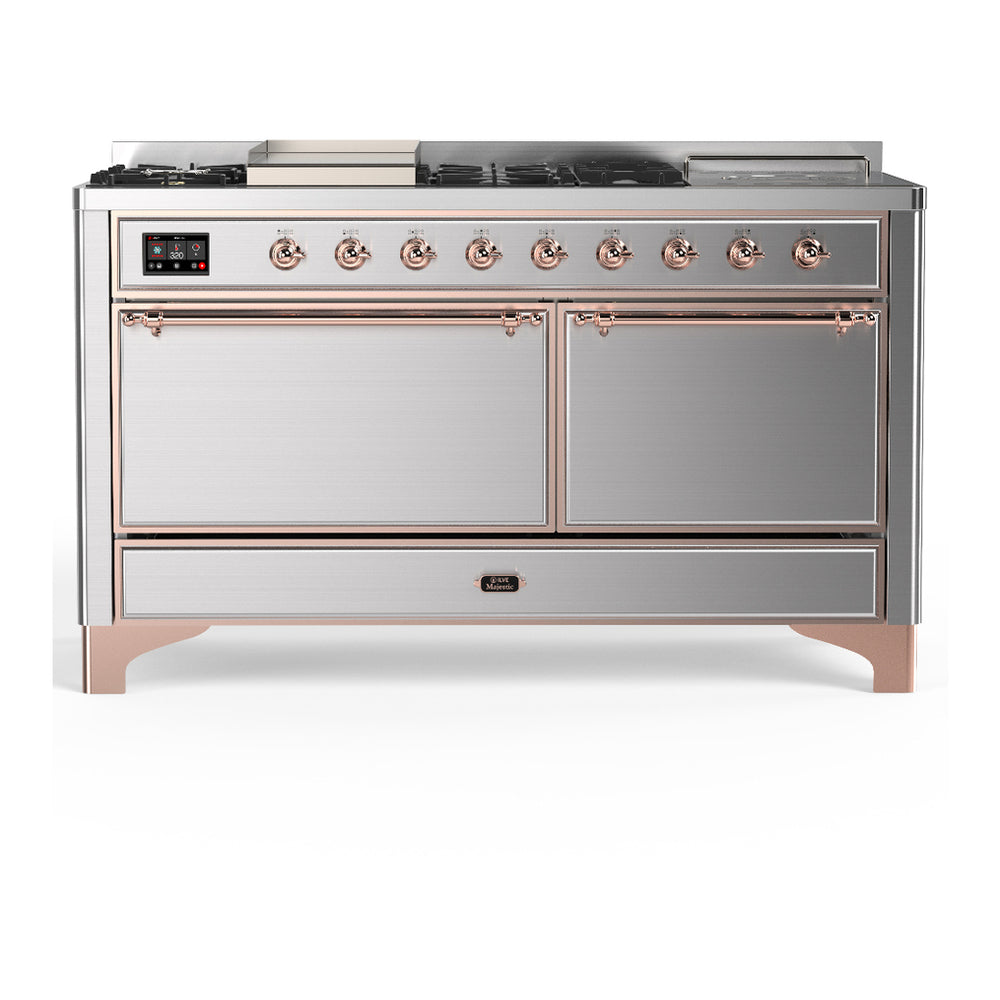 ILVE Majestic III 60" Stainless Steel Dual Fuel Range with 7 Burners, Griddle and French Top Solid Door Natural Gas