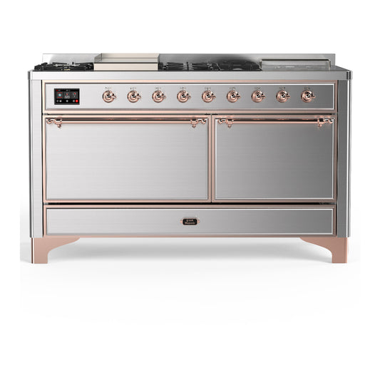 ILVE Majestic III 60" Stainless Steel Dual Fuel Range with 7 Burners, Griddle and French Top Solid Door Natural Gas