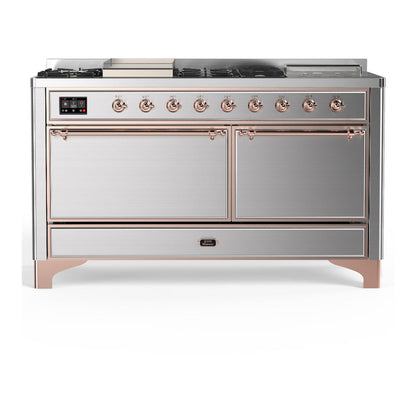 ILVE Majestic III 60" Stainless Steel Dual Fuel Range with 7 Burners, Griddle and French Top Solid Door Liquid Propane